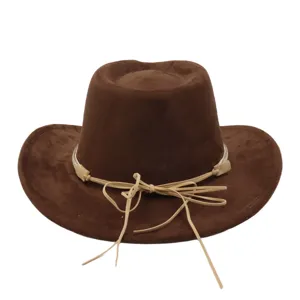 Brown suede cowboy hat detail, stylish western hat with light bow strap, casual sun hat.