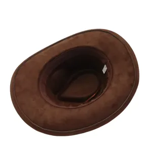 Detailed view of the interior and brim of a brown suede western cowboy hat for outdoor wear.