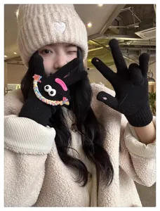 Cute quirky knit gloves for women winter warm touchscreen fingerless black gloves with funny eyes.