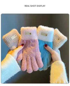 Women's winter warm fleece lined knitted touch screen gloves with cute color block design.