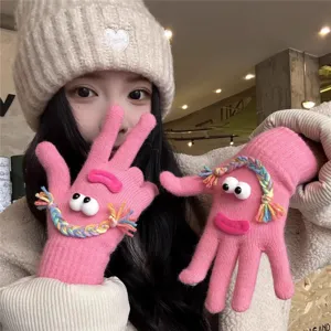 Women Winter Warm Knitted Gloves Cute Funny Monster Design Touch Screen Mittens