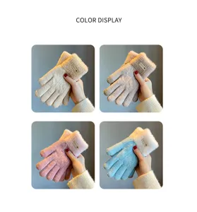 Women winter warm knitted gloves fuzzy fleece lined thick touch screen gloves color block style