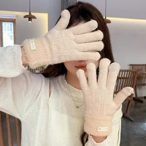 Cozy fleece-lined knitted touch screen gloves for women, warm winter cold weather wear.