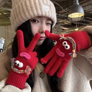 Cute funny knit gloves for women winter warm touchscreen cozy red novelty hand warmers stylish