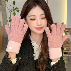 Women winter knitted touch screen gloves fleece lined thick warm color block pink