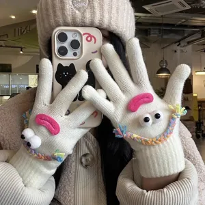 Cute quirky knitted gloves for women winter warm funny big eye lips design soft thermal mittens