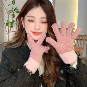 Women winter fleece thickened knitted touch screen gloves with soft fluffy cuffs.