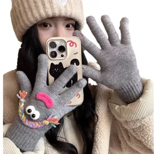 Cute funny grey knitted gloves for women winter warm touch screen cute quirky wool gloves