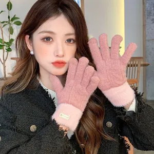 Women winter knit gloves fleece lined thick warm touchscreen gloves pink colorblock cuff