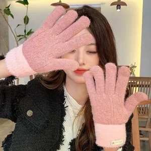 Women winter warm knit gloves thick plush fleece lined touchscreen dual layer stylish gloves