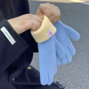Women Winter Warm Touch Screen Knitted Gloves Fashion Color Blocking Thickened Cold-Proof Thermal Wool Gloves
