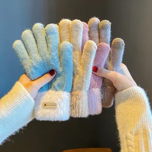 Women winter warm knit gloves thick plush cuff touch screen color block gloves main image