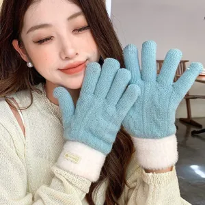 Women winter warm knitted gloves with plush cuffs, cute blue fleece lined touchscreen design.