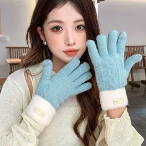 Elegant winter warm knit gloves for women, thick fleece lined touch screen double layer.