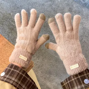 Women winter knit touch screen gloves with plush cuff and color block fingertips detail.