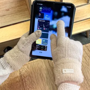 Knit touchscreen winter gloves detail closeup showing warm fleece lining and finger touch feature.