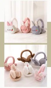 Cute plush winter earmuffs for women, warm foldable rabbit ear design with sweet rabbit text.