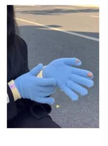 Women winter blue knitted touchscreen gloves warm thick plush fleece lined split finger thermal
