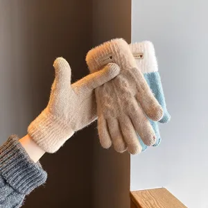 Women Winter Warm Touchscreen Gloves Thickened Double-Layer Colorblock Knitted Plush Cuff Casual Cold Weather Gloves