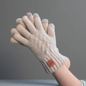 Guanti invernali in maglia caldi con funzione touch screen e dettaglio in pelle.