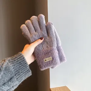 Women winter knitted plush gloves warm thermal touch screen thick purple fleece lined gloves.