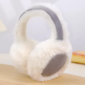 Flauschige weiße Winter Ohrenschützer mit grauem Band, weicher warmer Plüsch Ohrenwärmer.