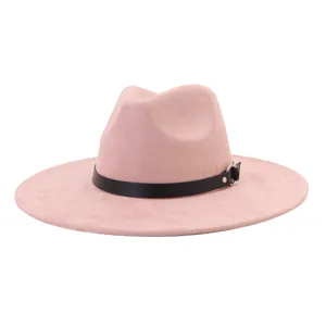 Sombrero fedora de ante rosa con correa de cuero negro sombrero de jazz de ala ancha