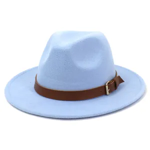 Light blue felt fedora hat with a brown leather belt strap and metal buckle detail.
