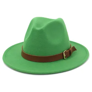 Green wool fedora hat with brown leather belt wide brim jazz cap for men and women stylish
