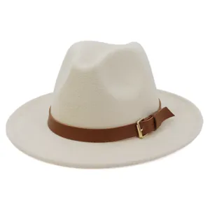 Classic wool fedora hat for men and women with brown leather belt and metal buckle.