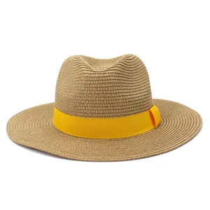 Zomer stro fedora hoed voor heren en dames strand zonbeschermingshoed met helder gele lint band