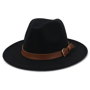 Classic black felt fedora hat with brown leather belt and metal buckle for men and women.