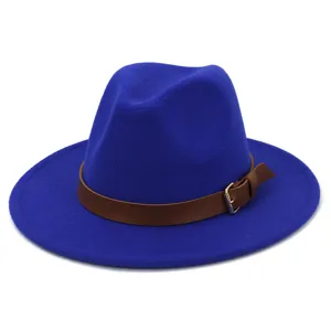 Blue wool fedora hat with brown belt buckle, elegant wide brim jazz hat for men and women.