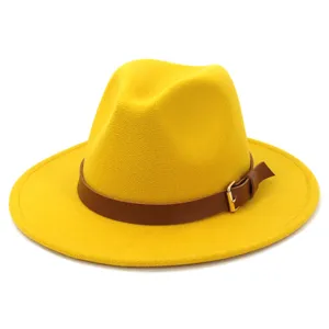 Yellow wool fedora hat with brown leather belt and metal buckle, wide flat brim stylish cap.