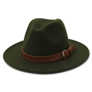 Dark green wool felt fedora hat detail, brown leather belt decoration, elegant retro style.