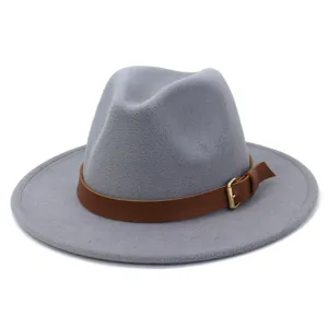Grey wool felt fedora hat with brown leather belt detail, classic flat brim jazz hat.