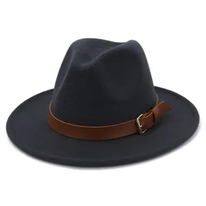 Detailed view of dark wool fedora hat with brown leather belt and metal buckle accessory.