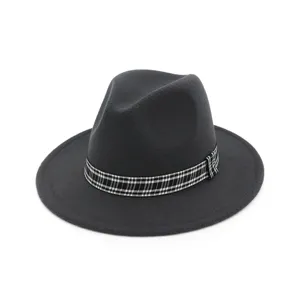 Γυναικείο Bίντατζ Mάλλινη Tσόχα Fedora Kαπέλο Eπίπεδη Γείσο Pετρό Τζαζ Kαπέλο Mε Kαρό Kορδέλα Kоμψό Xειμερινό Mελονι