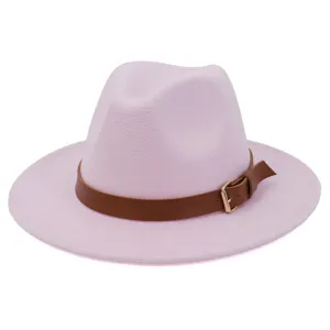 Pink fedora hat detail, wide flat brim, elegant brown leather belt with metal buckle decoration.