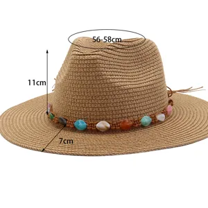 Chapeau de Paille Femme Eté Chapeau de Soleil Large Bord Fedora avec Pierres Colorées