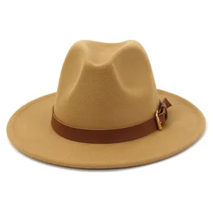 Classic camel wool fedora hat with brown leather belt and buckle for unisex style detail