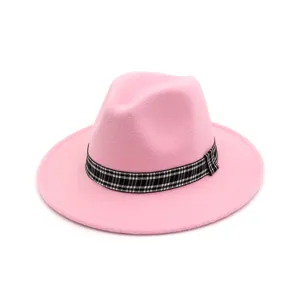 Ροζ μάλλινο τσόχινο καπέλο jazz fedora γυναικείο με καρό κορδέλα φαρδιά επίπεδη γείσο.