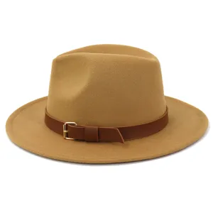 Khaki wool fedora hat detail, featuring a brown leather belt and stylish gold metal buckle.