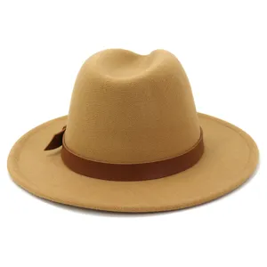Classic camel woolen fedora hat with brown leather band, stylish flat wide brim jazz cap.