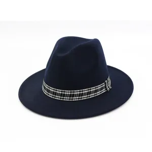 Γυναικείο καπέλο Fedora Jazz από μάλλινη τσόχα με καρό κορδέλα φαρδύ ίσιο γείσο