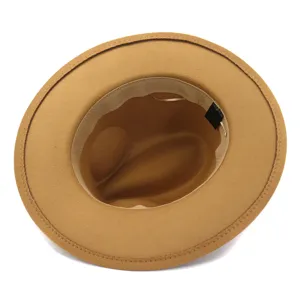 Detailed view of the interior brim, sweatband, and care label of this classic wool fedora hat.