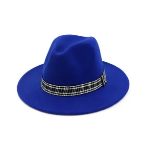 Μπλε μάλλινο καπέλο fedora για γυναίκες, vintage πλατύ επίπεδο γείσο jazz καπέλο με καρό ζώνη.