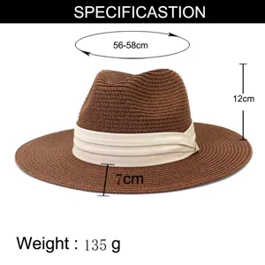 Brown straw fedora hat for men and women, summer sun protection beach travel hat.