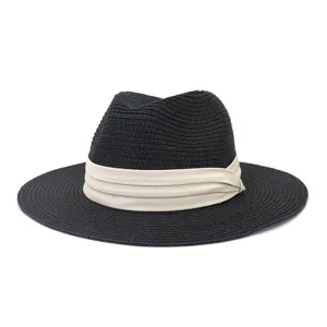 Black fedora straw hat with beige ribbon, perfect for summer outdoor travel beach sun protection.