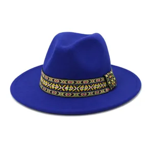 Sombrero fedora de fieltro de lana azul para hombre y mujer con cinta étnica ala plana
